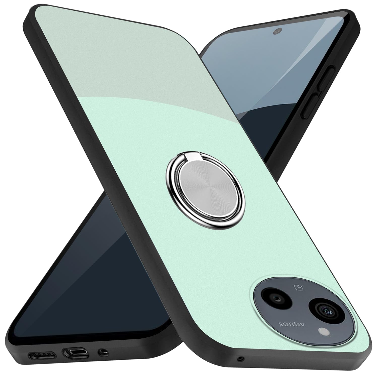 AQUOS sense9 ケース リング 耐衝撃 TPU 指紋防止 アクオスセン 9 SH-53E カバー 専用 シリコン 車載ホルダー対応 360°回転 ストラップホール付き 滑り止め 落下防止 全面保護カバー(ライトシアン)