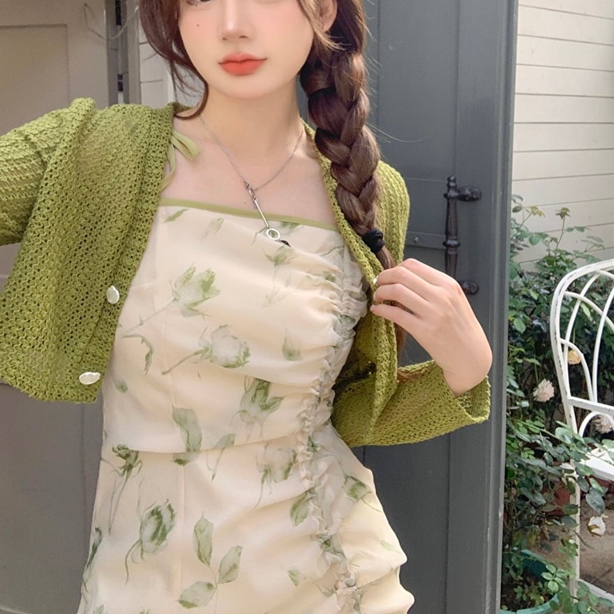 ツーピース カーディガン ワンピース ノースリーブ レース 花柄 巾着