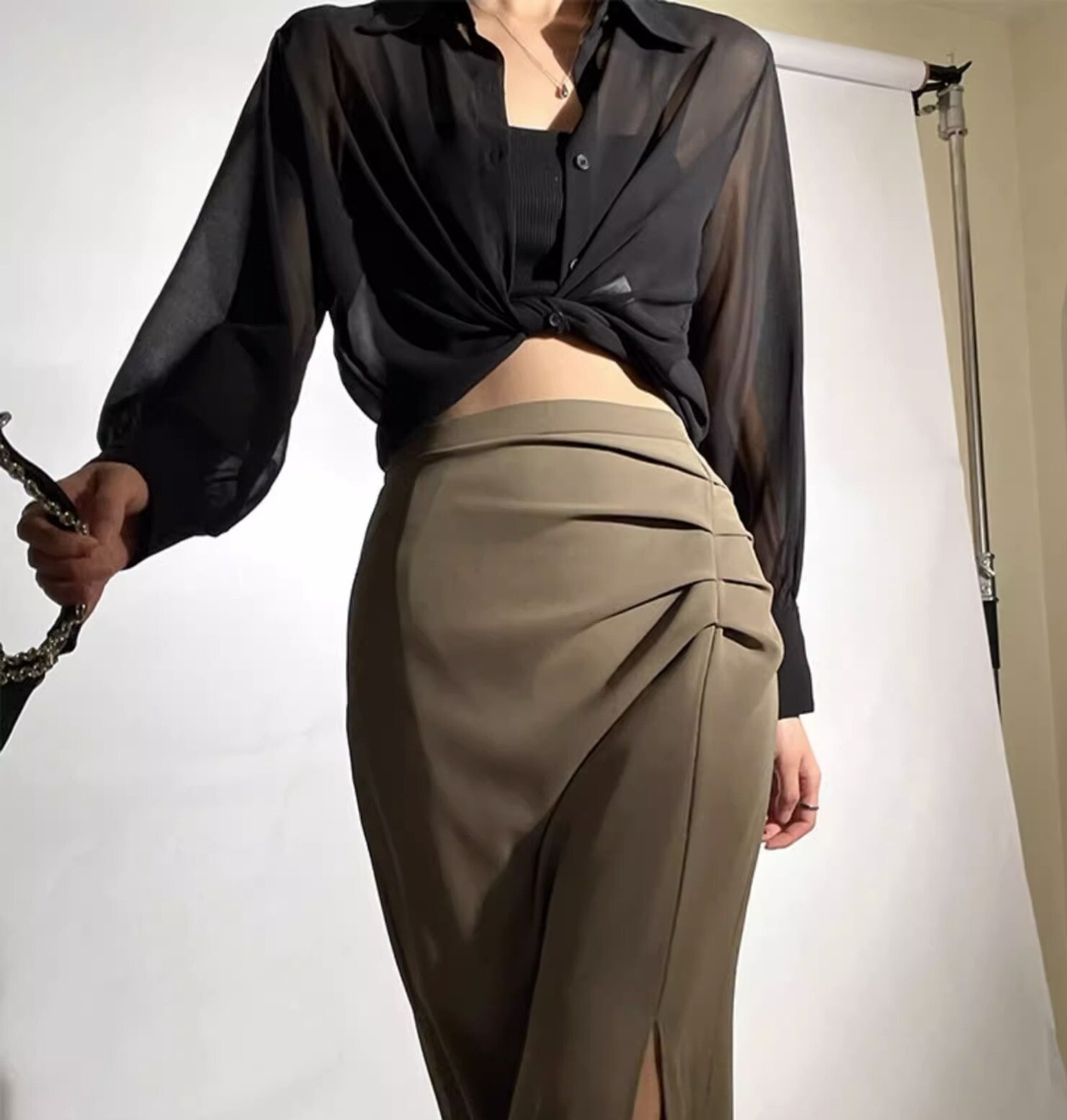 シアー素材ロングスリーブシャツ  2color W00113