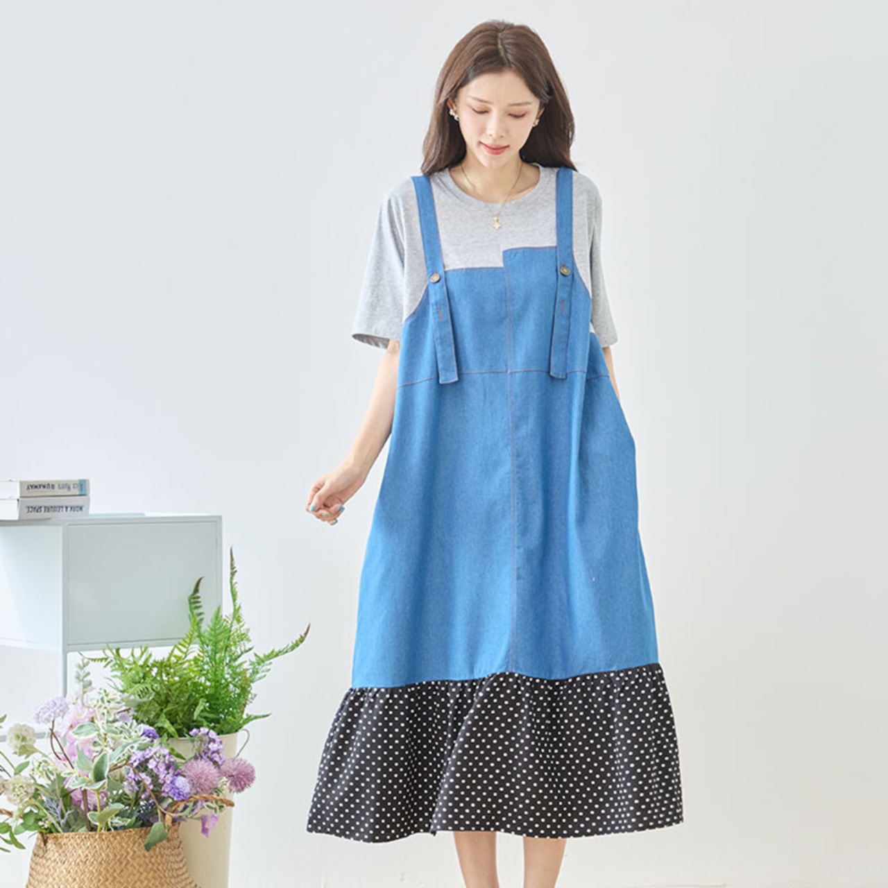 TRUBE デニム×ドット裾異素材切替サロペット風ドッキングワンピース【M~L】グレー