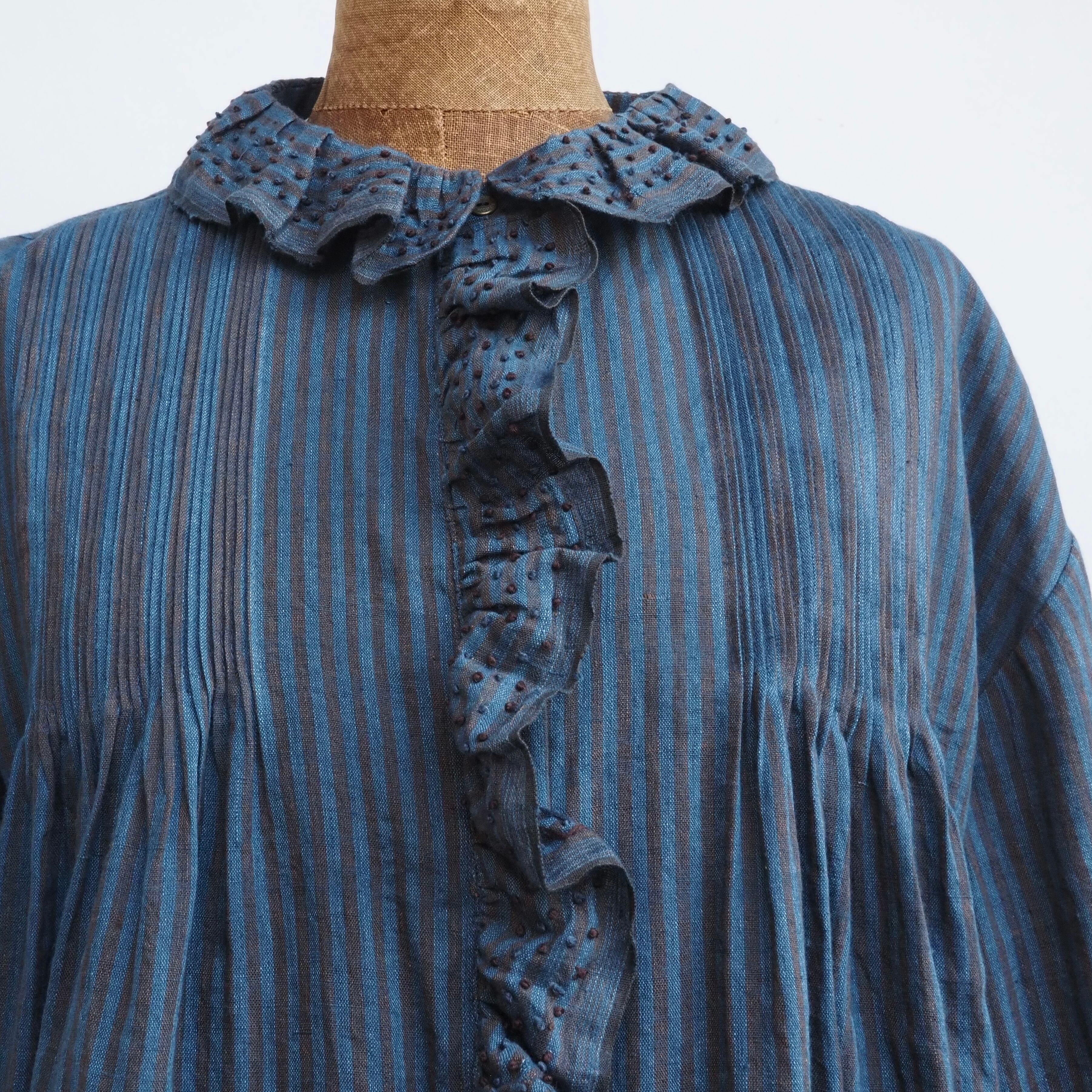 BUNON/Embroidery Frill Blouse /ブラウス(Brown×Blue strip)