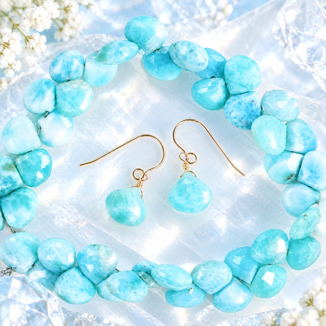 ☆希少高品質ドミニク共和国ラリマーファセットハート Larimar AAA☆14kgf☆ピアス・イヤリング