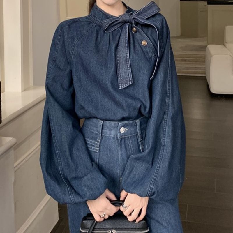 パフスリーブボウタイデニムトップス L0803