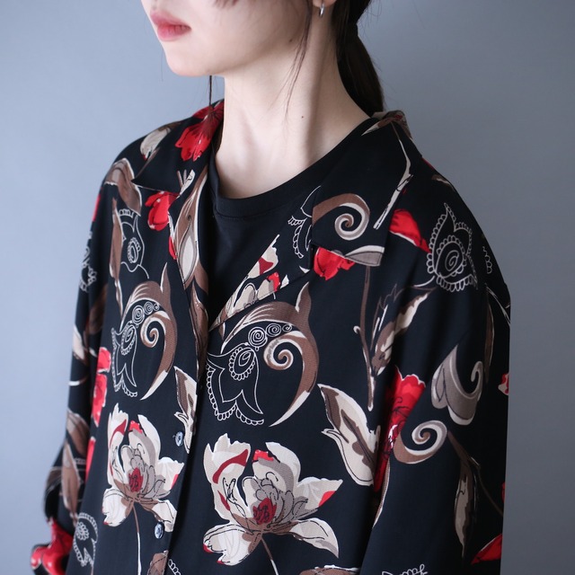 beautiful flower art pattern loose box silhouette open collar shirt