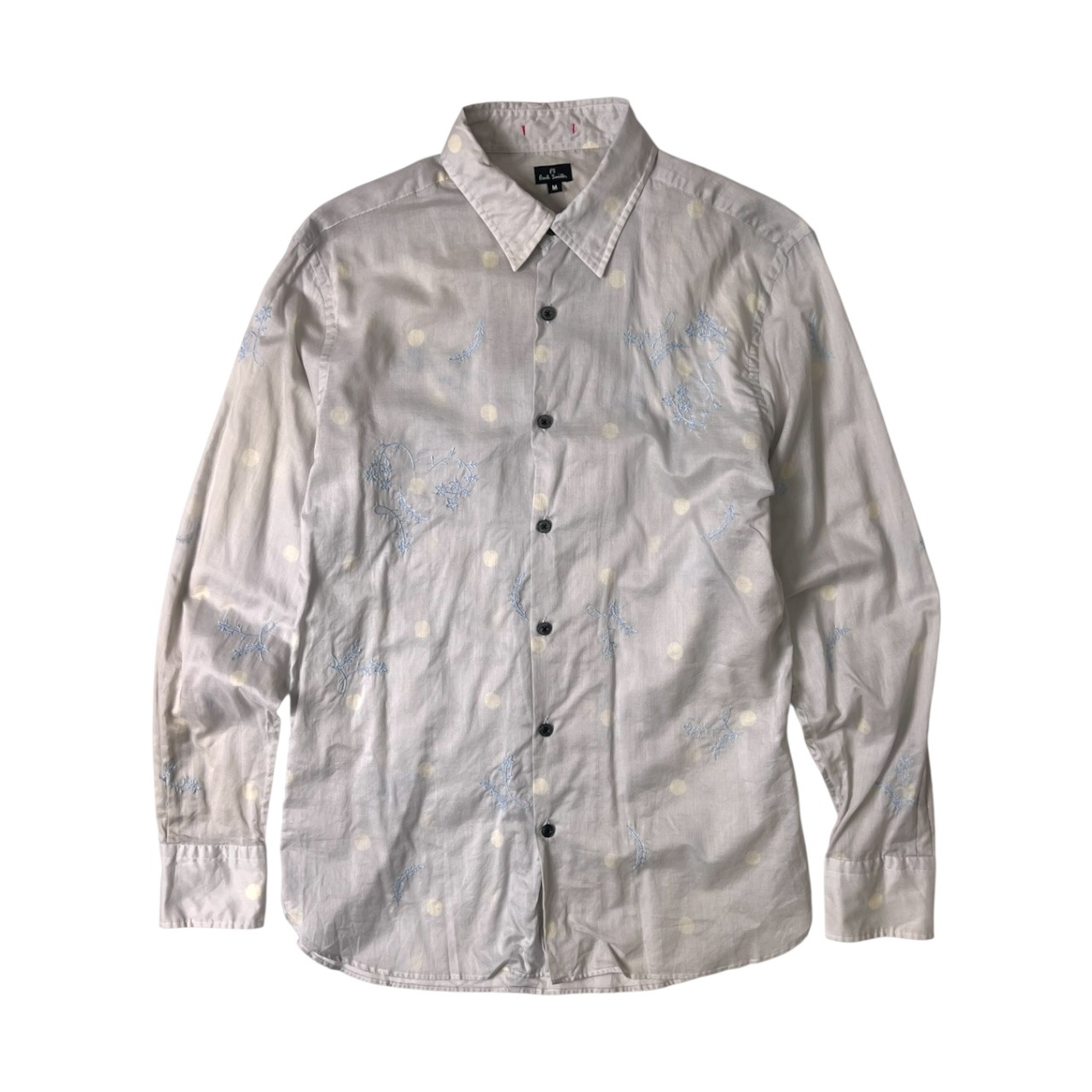 PS Paul Smith ポールスミス ボタニカル刺繍&ドット柄 コットン 長袖シャツ M/ブルーグレー/薄手