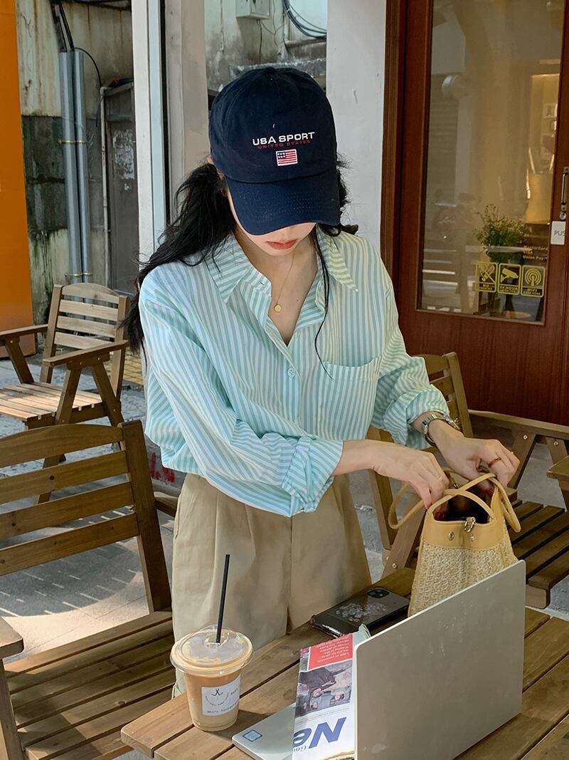 スタンダードストライプ薄手シャツ サマーブラウス ロング レトロ 夏物 モンロー53592052148