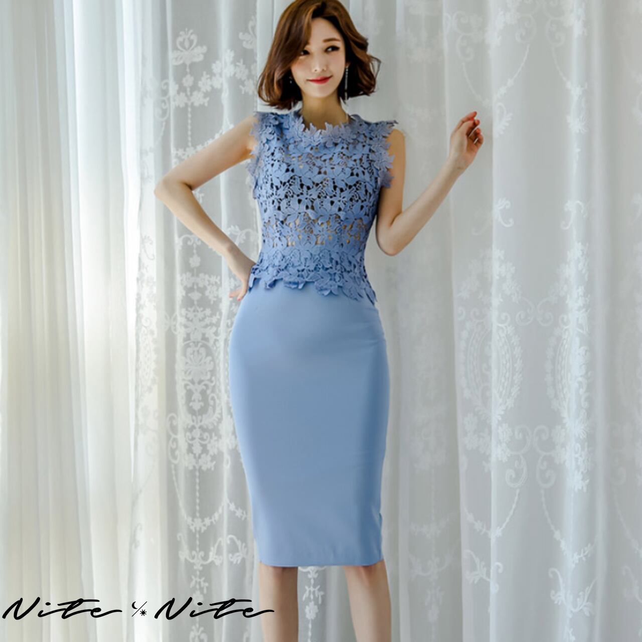 フラワーレーススカイブルーワンピースセットアップ Nite Nite