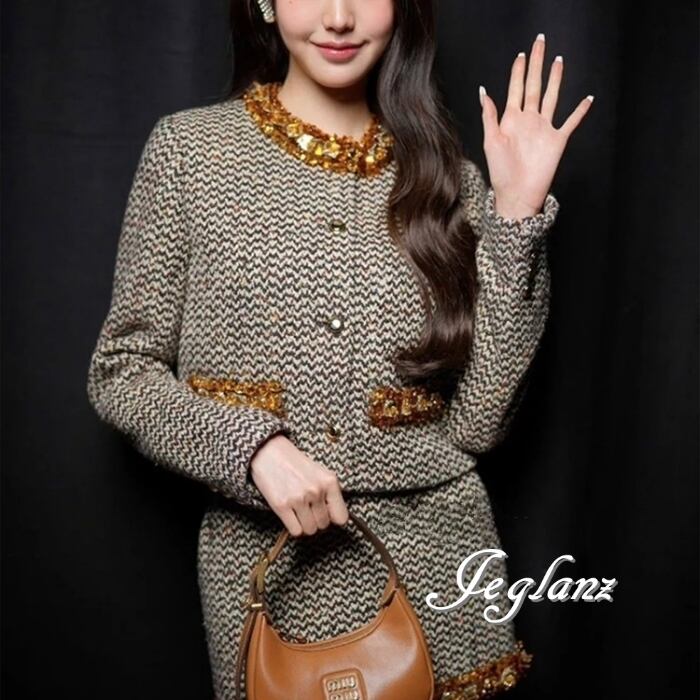 2点セット ツイード ニット ジャケット ビジュー付き ミニスカ(MB675)τ