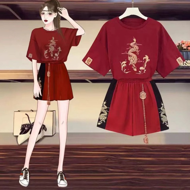 【之】★チャイナ風衣装セット★龍 レッド ホワイト ブラック 刺繍 中国風 半袖 ファッション