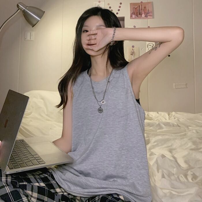 サマーカジュアルルーズスタンダードノースリーブソリッド カラートップス レトロ かわいい 夏物 ソリッドカラー ケッペル21572845447