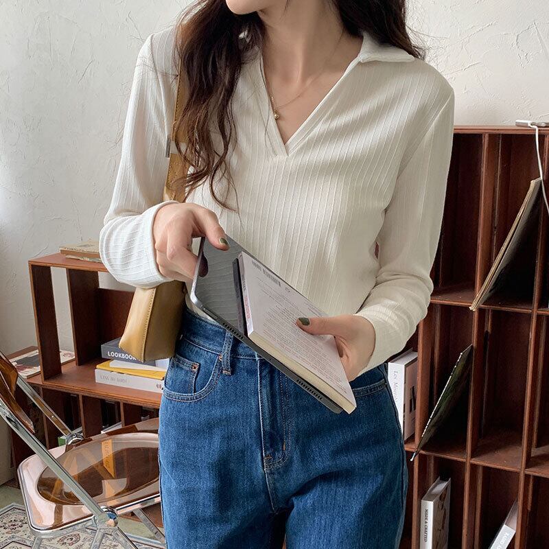 オータムカラーTシャツ ホワイトルーズトップス スタンダード ロング レトロ 秋物 モンロー81372913523