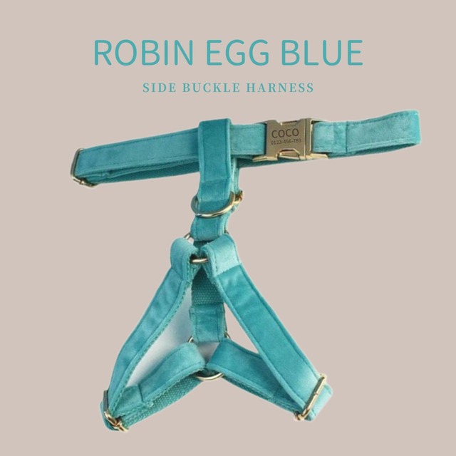 NEW【ベルベット・ロビンエッグブルー】迷子札付犬のハーネスと選べるリードとコサージュセット