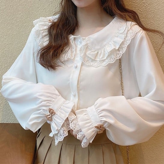 2色 ダブル襟レースの袖リボンブラウス 9080 Sucrier シュクリエ お砂糖みたいに甘くてかわいい 量産型プチプラガーリー服 通販