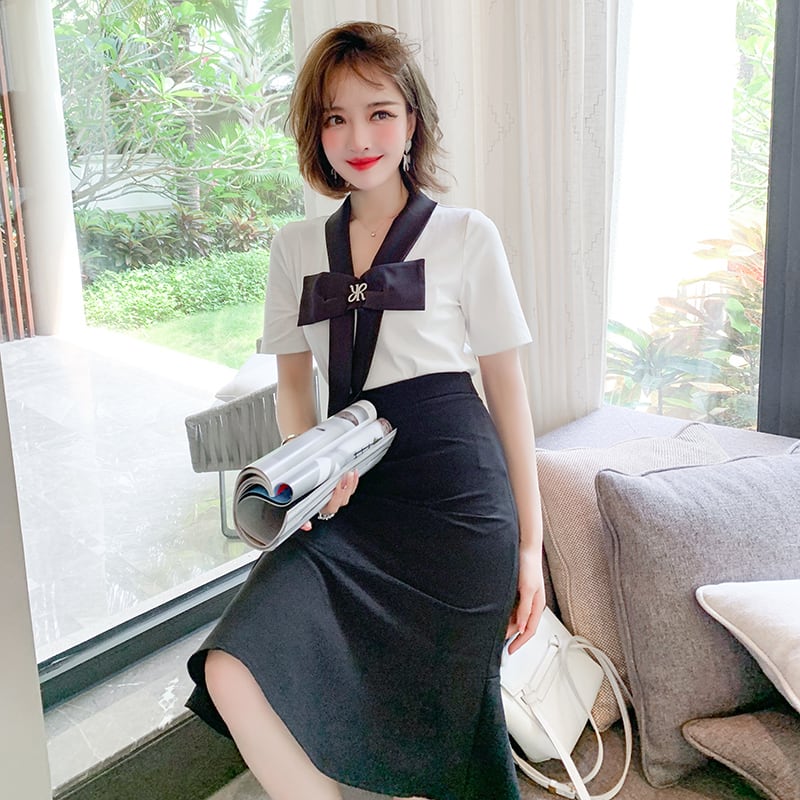 カラーリボンVネックブラウス ハイウェストウェストソリッド スカート サマー 夏物 ソリッドカラー ステッチ MIUCO71736910336