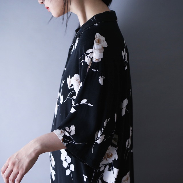 black base flower art pattern over silhouette open-collar l/s shirt