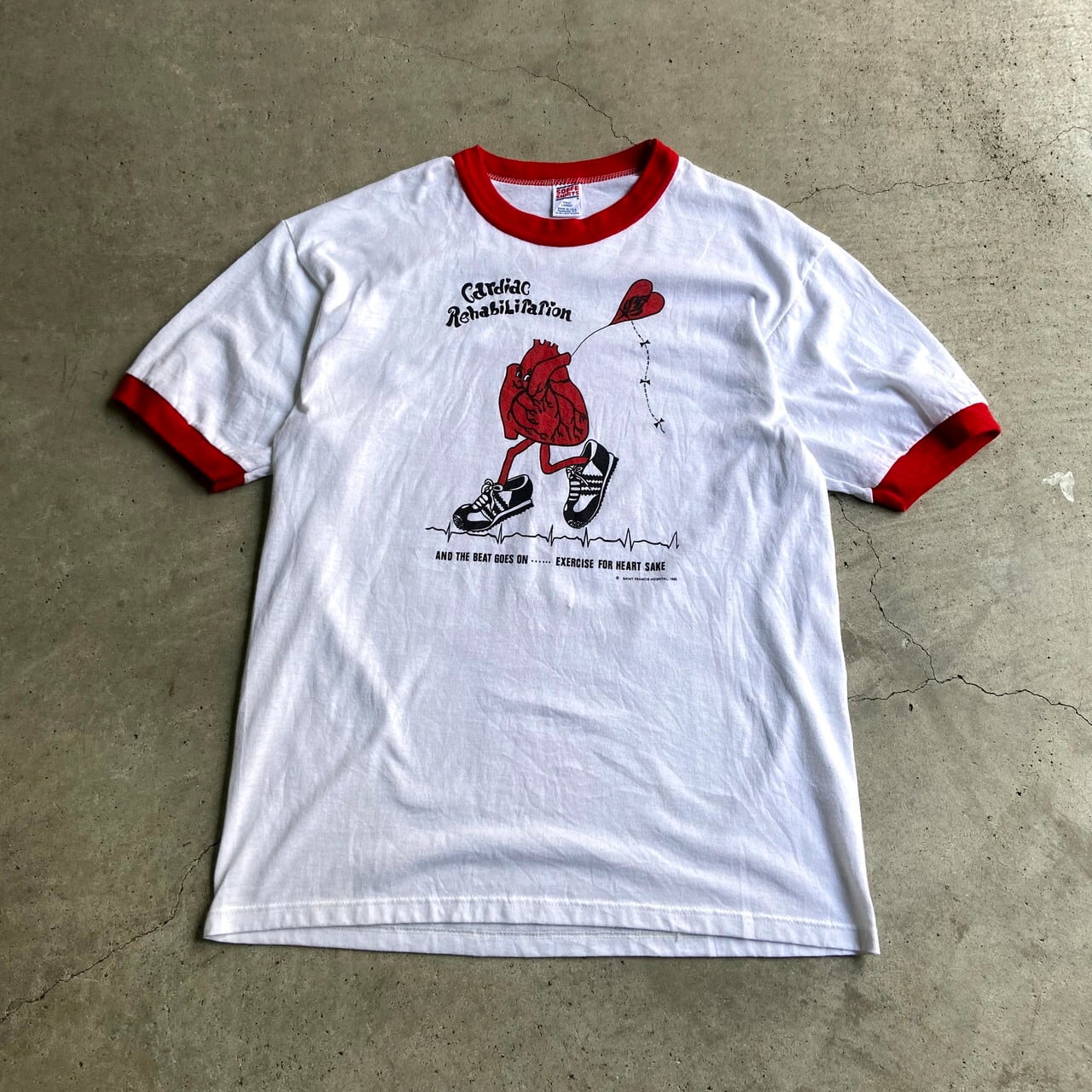 80〜90年代 USA製 SAINT FRANCIS HOSPITAL 心臓 リンガーTシャツ