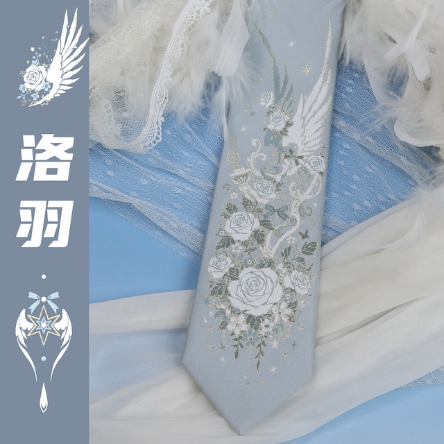 ❦光り織り成す羽と白薔薇柄ネクタイ！【洛羽シリーズ】★ネクタイ★ 男女兼用 小物 飾り物 メンズ