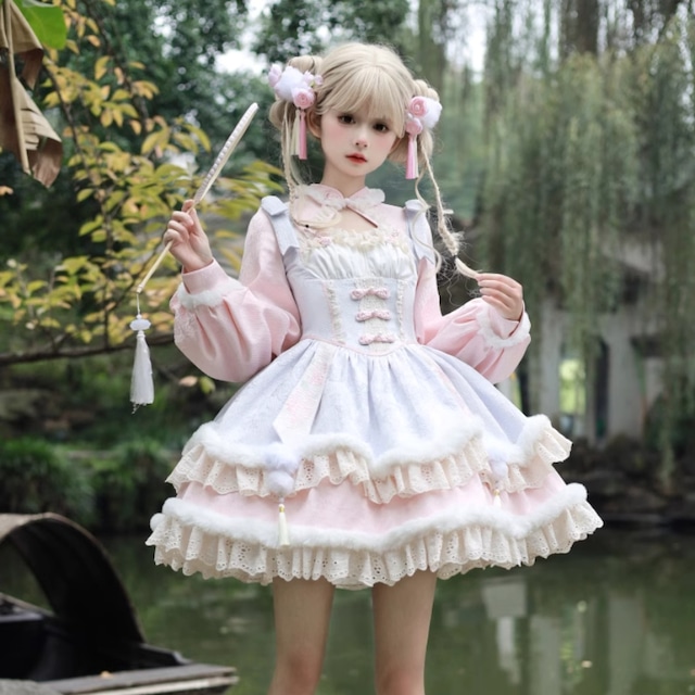 中華ロリータ バックリボン ピンク レッド ろりぃた服量産型｜天使と悪魔