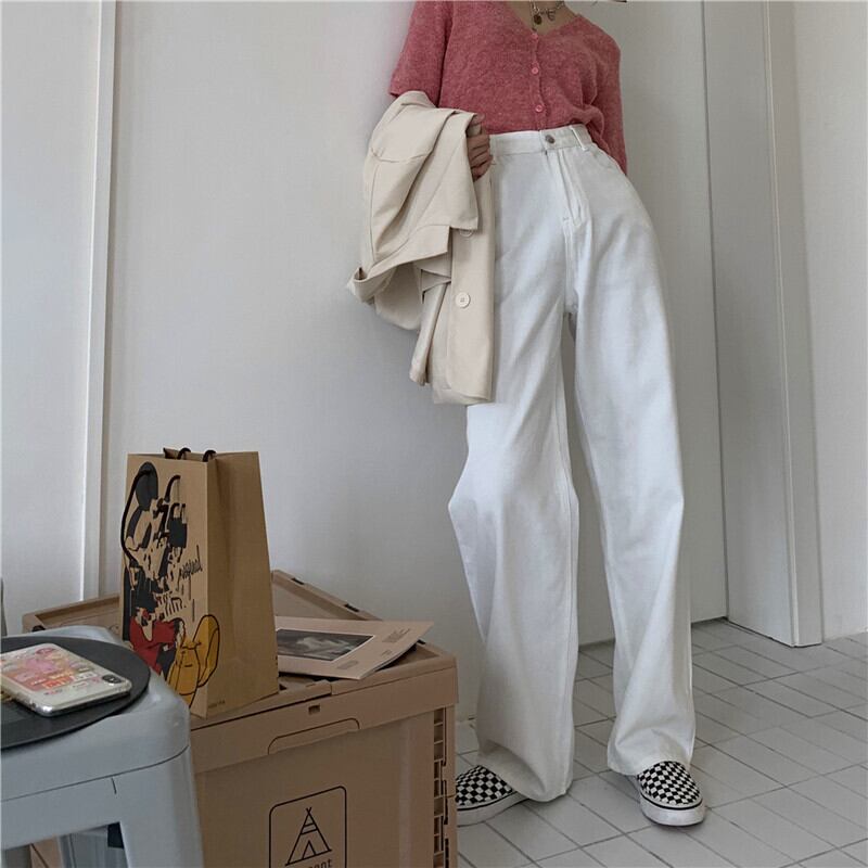 ホワイトハイウェストパンツ スプリングオータム薄手ルーズスリムロング 春物 秋物 モンロー41908165191