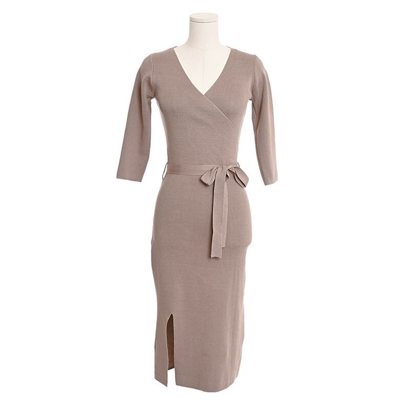 Three quarter sleeve elegant V neck slim knit dress ( 2color ...