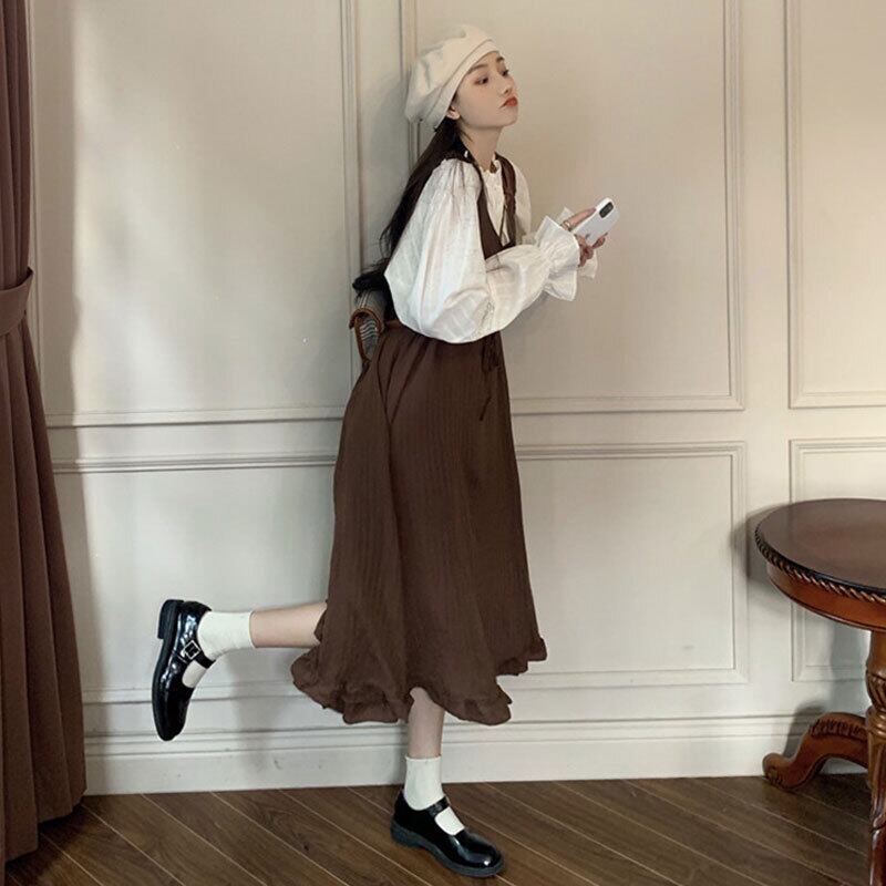 オータムスカート スタンダードラッフルドレス ロング レトロ 秋物 萌量不足64284153232