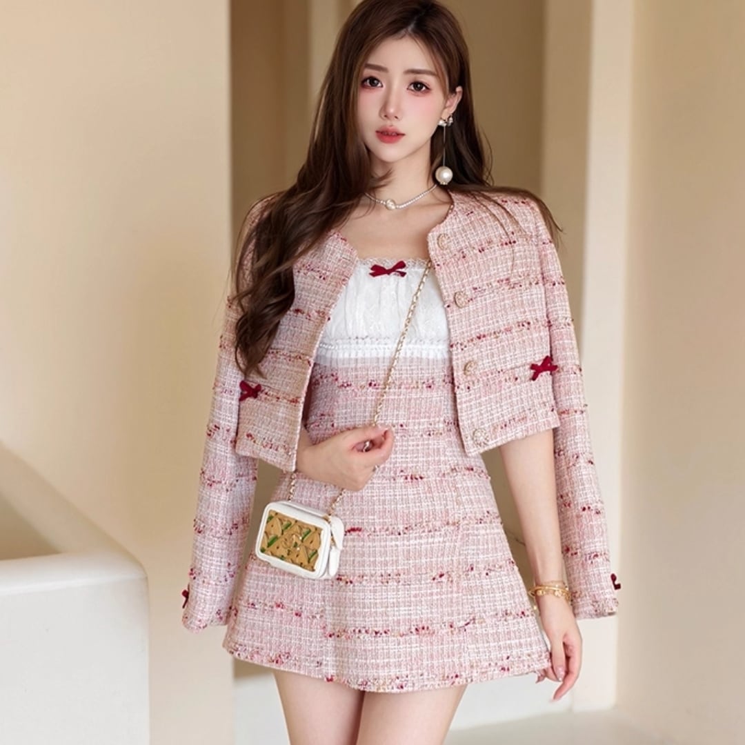 ロマンティックツイード ― ピンクフラワーリボンセットアップ♡A9