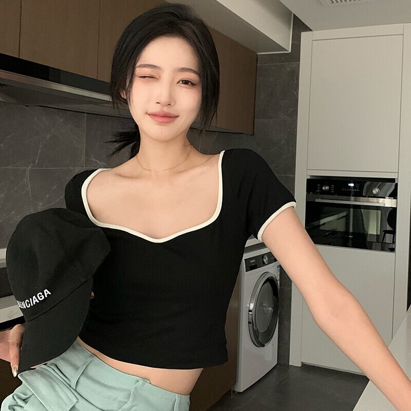 カラーブラウス サマーレッドショート薄手Tシャツ ストリート 夏物 ピュア スクウェア ガールズファッション92854966083