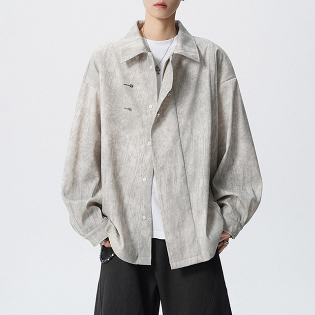 【WSシリーズ】★チャイナ風トップス★ 3color シャツ 長袖シャツ ユニセックス メンズ 大きいサイズ 絞り染め 黒 緑 金属ボタン