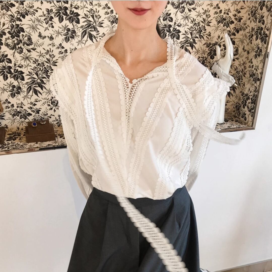 レースリボンタイ付き ロングスリーブブラウス 00538