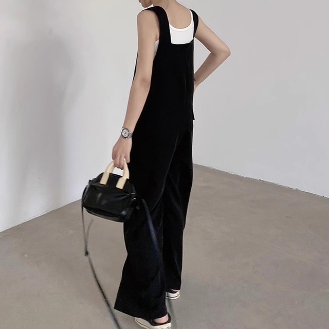 【裾スリットワイドパンツシンプルサロペット】P01313