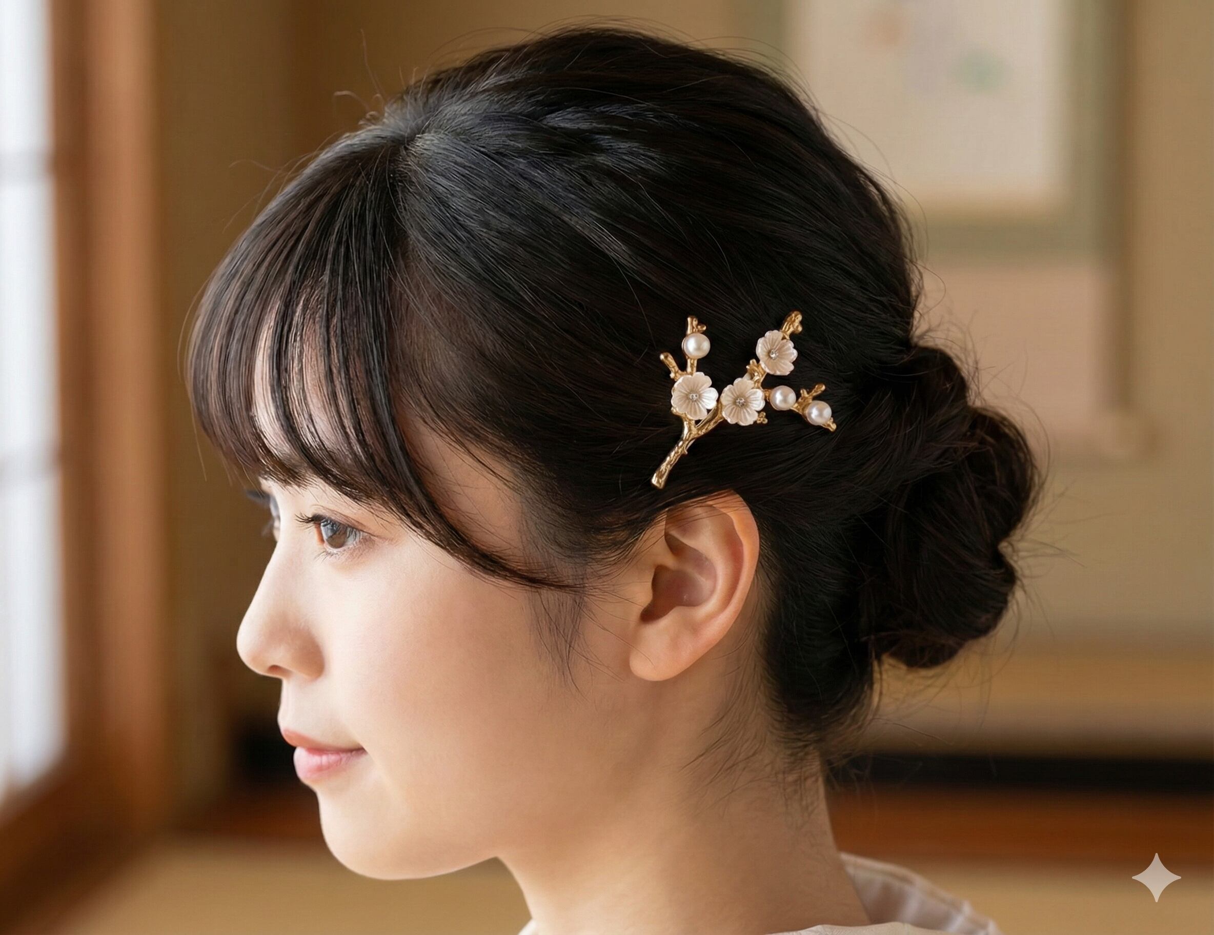 金枝に咲く白梅ヘアピン