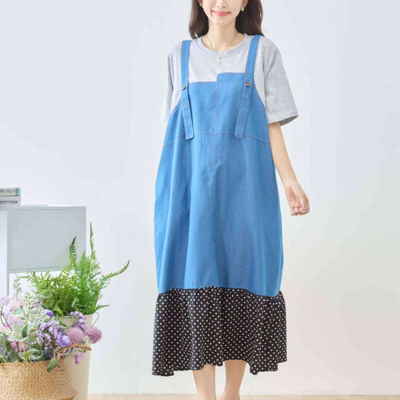 TRUBE デニム×ドット裾異素材切替サロペット風ドッキングワンピース【M~L】グレー