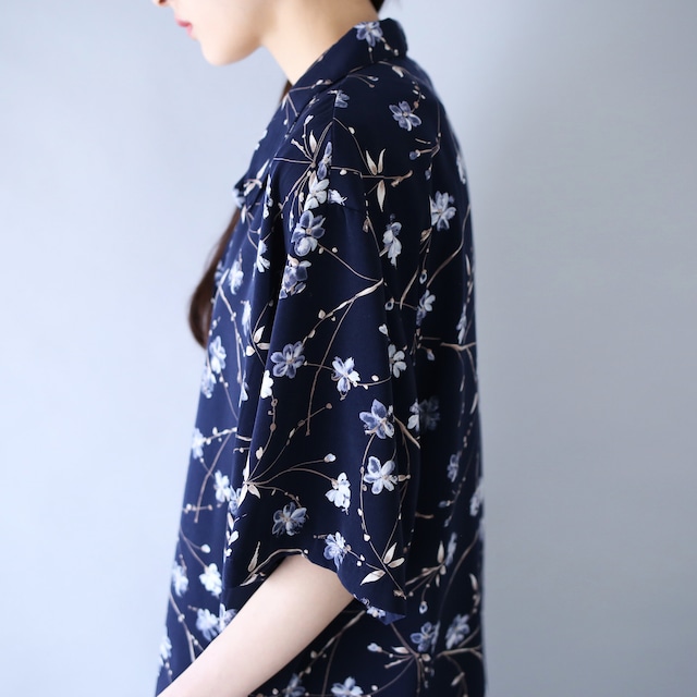 "花柄" navy base beautiful blue flower open collar h/s shirt