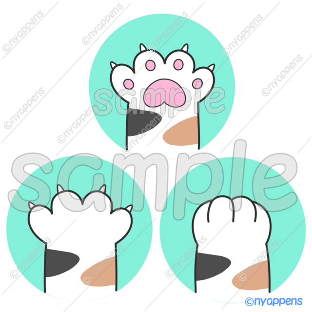 【商用利用OK】ほのぼのかわいい猫の手イラスト（にゃんパ／ミケ）シールやアイコン、素材に！3種セット