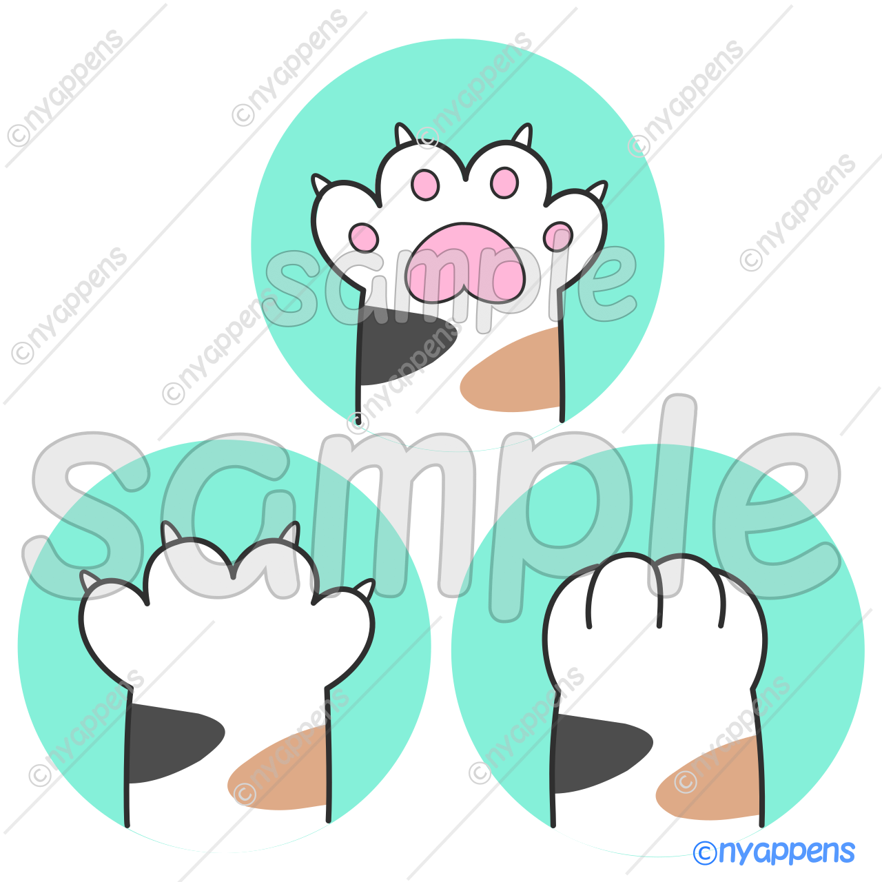 【商用利用OK】猫イラスト(にゃんパ/ミケ)シールやアイコン、素材に!3種セット