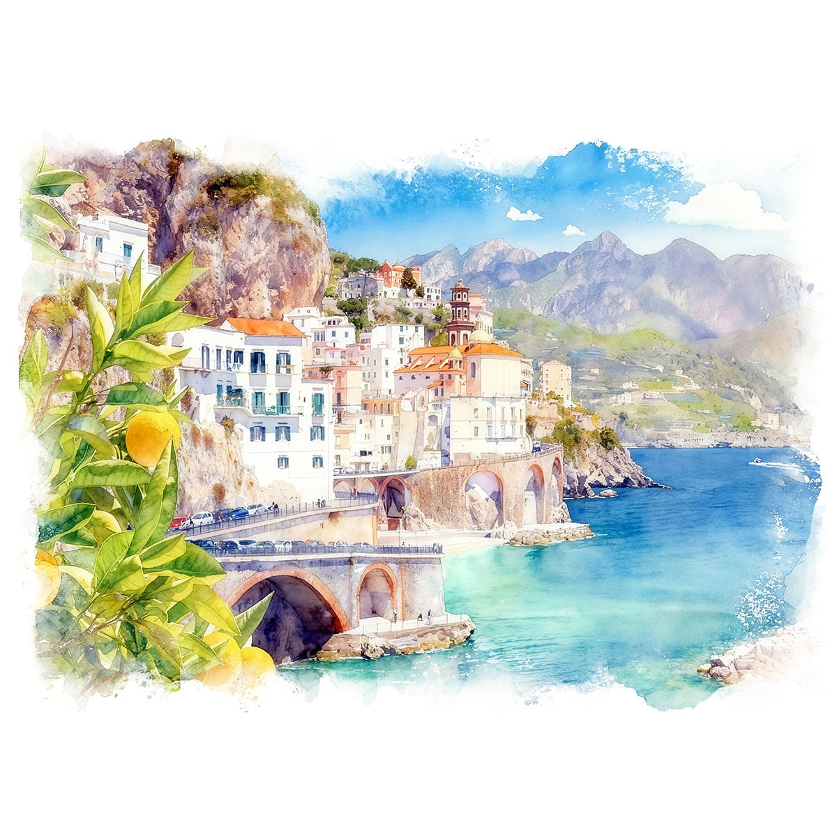 絵画 風景画(街並み) イタリア アマルフィの美しい景色とレモン
