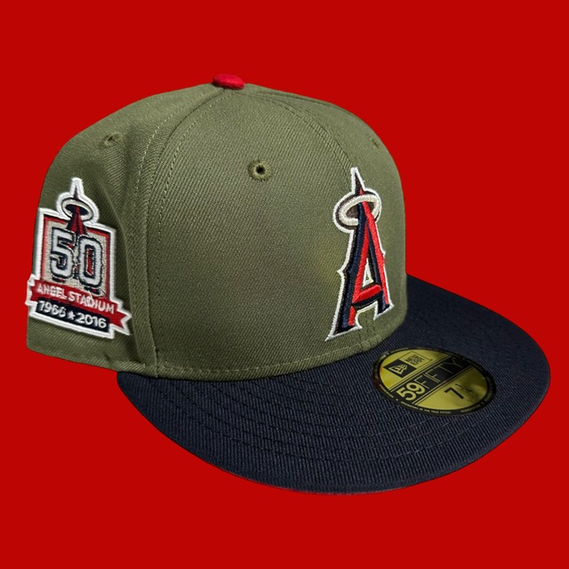 Los Angeles Angels Angel Stadium 50th Anniversary New Era 59Fifty Fitted / Olive,Navy (Red Brim)