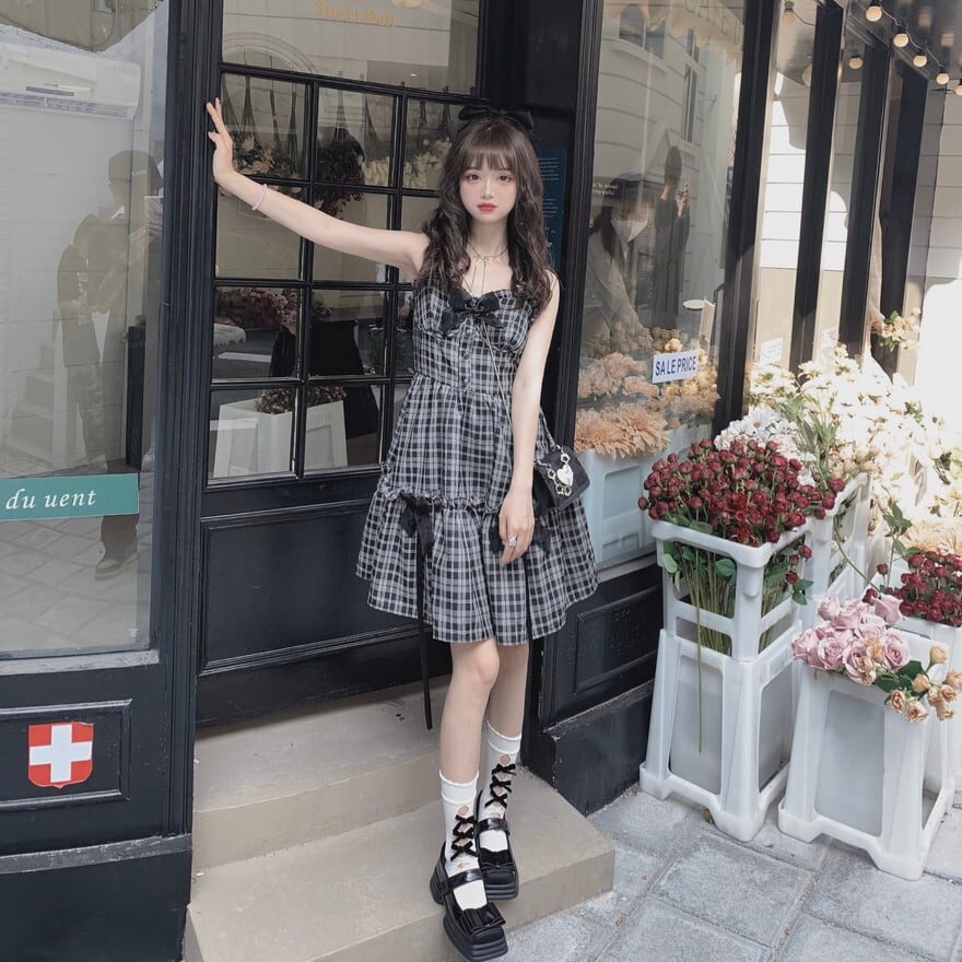 ノースリーブ ワンピース チェック柄 リボン かわいい 服 普段着使い