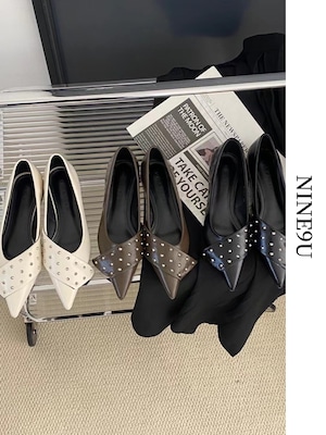 studs leather pointed-toe pumps 3color【NINE7703】