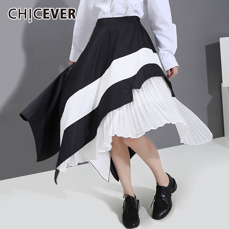 CHICEVERパッチワークヒットカラースカートウエスト特大非対称ミディスカート女性2020 6base515732872745