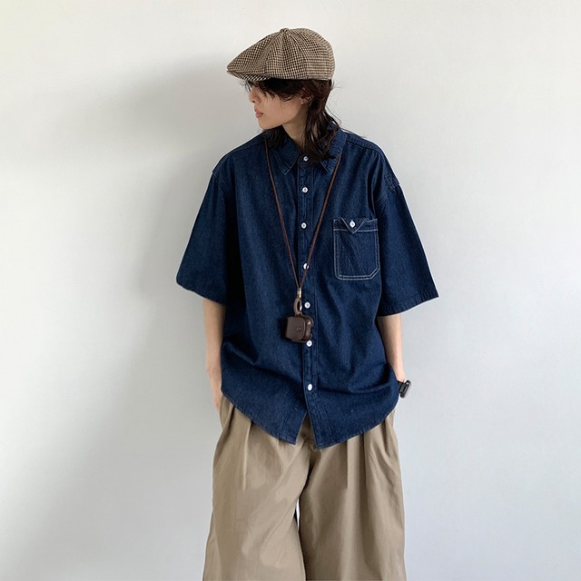 jiwuusレギュラーカラーポケットデニムシャツ