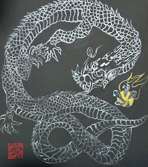 護符アート『白龍』★龍と天然石を身近に感じるアート・絵画 色紙サイズ