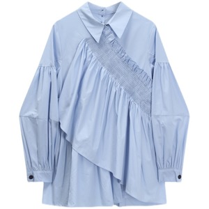 PALE BLUE FRILL TRIM TUNIC SHIRT 1color M-5514