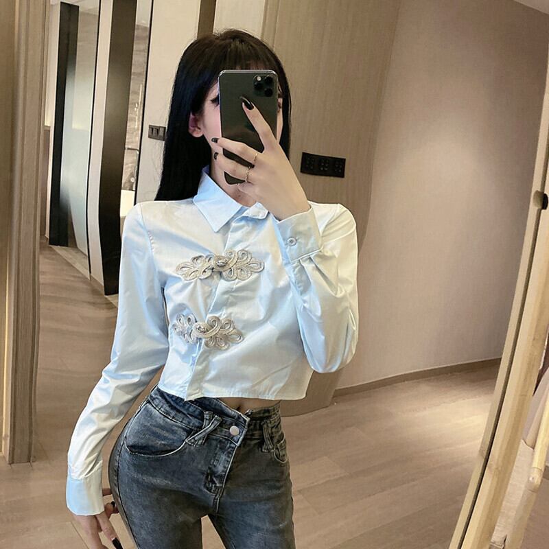 スタンダードブラウス オータムスリム薄手ショートシャツ ロング レトロ 秋物 ガールズファッション97319787271