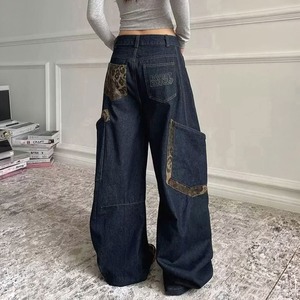 デニム カーブパンツ レディース 韓国 ワイドパンツ アメカジ ストリート 大人 カジュアル レオパード柄ポケット おしゃれ レトロ ゆったり 体型カバー ジーンズ 大人可愛い 大人女子