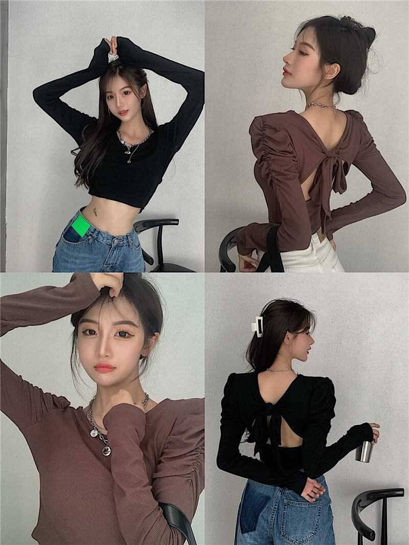 ショートオープンバックボウタイトフィット長袖セーターレディース2020年秋新しいVネックインナーベースシャツトップ ブラックストロベリース36809533835