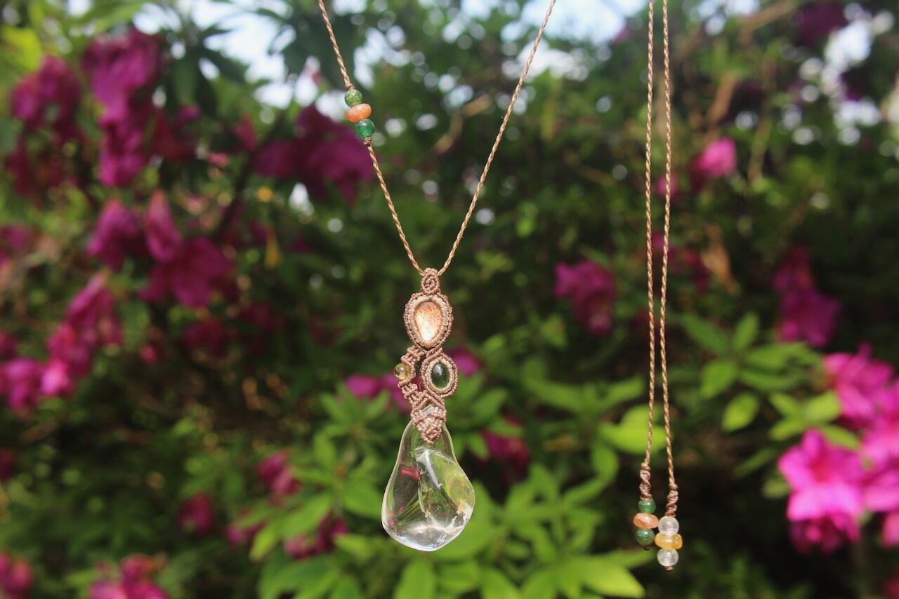 Healing crystal & Sunstone & Chrome Tourmaline micro macrame pendant