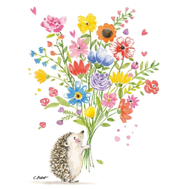 2024春夏【Paperproducts Design】バラ売り2枚 ランチサイズ ペーパーナプキン Hedgehog with flowers ホワイト