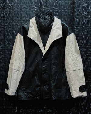 【ÆIEM】“vintage” Leather Two-Tone Wide Lapel Button Jacket (Black × Ivory)