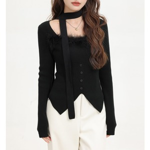 feather-trim choker rib-knit m0982